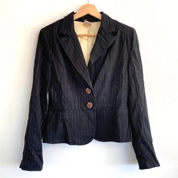 STAR CITY Y2K BUTTON UP BLAZER JACKET WOMENS SMALL BLACK GOLD - Picture 1 of 6